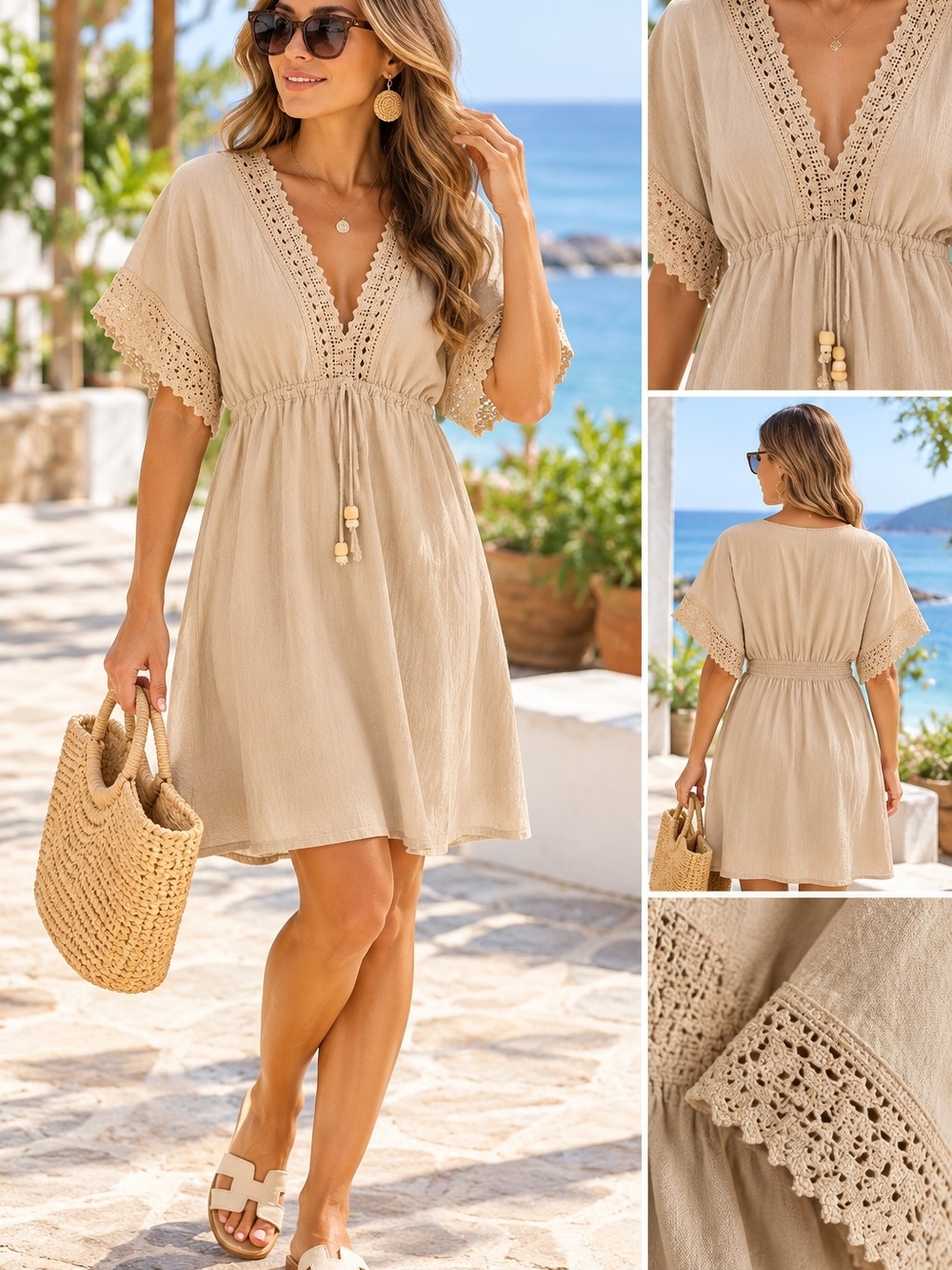 Sea Spice Resort Wear Peruvian Cotton Crochet Boho Dress Beige Size L